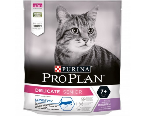 Pro Plan Delicate Senior сухой корм для взрослых кошек старше 7 лет с чувствительным пищеварением, с индейкой. Вес: 400 г