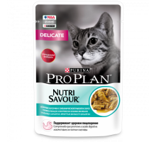 Pro Plan Nutri Savour влажный корм для взрослых кошек с чувствительным пищеварением или особыми предпочтениями в еде, с океанической рыбой в соусе. Вес: 85 г