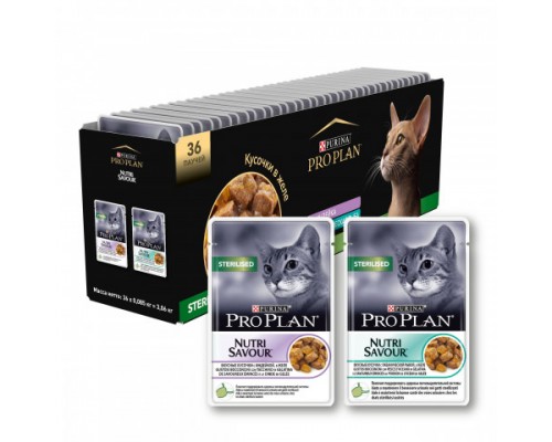 Pro Plan Nutri Savour влажный корм для взрослых стерилизованных кошек и кастрированных котов, 18 шт с индейкой в желе, 18 шт с океанической рыбой в желе, Мультипак. Вес: 36х85 г