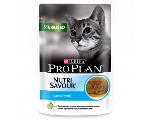 Pro Plan Nutri Savour влажный корм для взрослых стерилизованных кошек, паштет с треской. Вес: 85 г