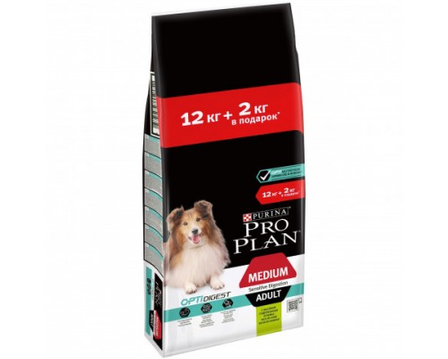 Pro Plan OPTIDIGEST сухой корм для взрослых собак средних пород с чувствительным пищеварением с ягненком. Вес: 12 + 2 кг