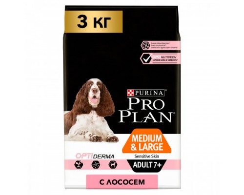 Pro Plan OPTIDERMA сухой корм для взрослых собак старше 7 лет средних и крупных пород с чувствительной кожей с лососем. Вес: 3 кг