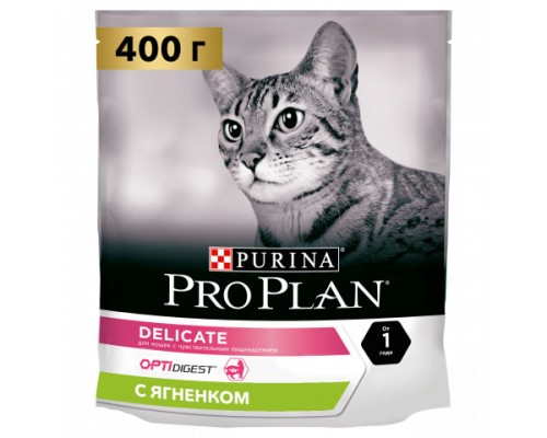 Pro Plan Delicate сухой корм для кошек с чувствительным пищеварением и привередливых к еде, с ягненком. Вес: 400 г