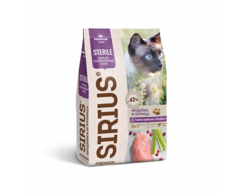 SIRIUS сухой корм для стерилизованных кошек, индейка и курица. Вес: 1,5 кг