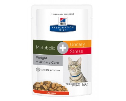 Hills Presсription Diet Metabolic+Urinary Stress диетический корм для взрослых кошек, поддерживает здоровье нижних мочевыводящих путей, в том числе при ИЦК (идиопатическом цистите кошек), вызванном стрессом Пауч (Хиллс). Вес: 85 г
