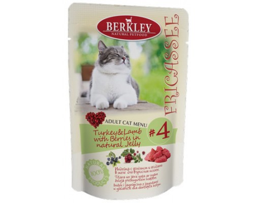 BERKLEY (Беркли) ФРИКАCСЕ консервы для кошек индейка с ягненком и ягодами кусочки в желе (пауч). Вес: 100 г