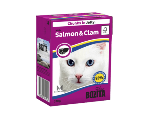 Bozita super premium Кусочки в ЖЕЛЕ для кошек c лососем и моллюском (with Salmon & Clam). Вес: 370 г