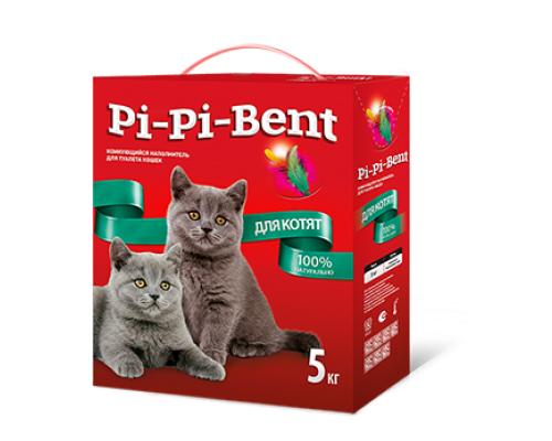 Pi-Pi-Bent для котят натуральный комкующийся наполнитель, изготовленный из бентонитовой глины мелкой фракции 5 кг
