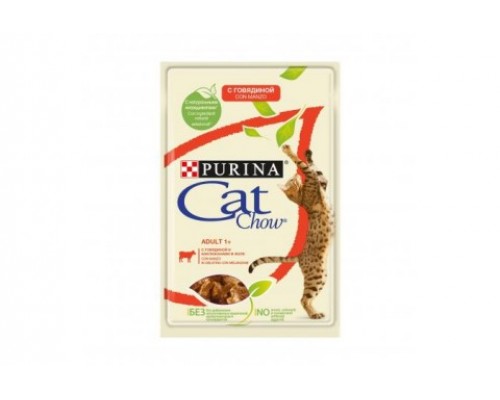 PURINA CAT CHOW пауч для кошек кусочки в желе говядина, баклажан (Кэт Чау). Вес: 85 г