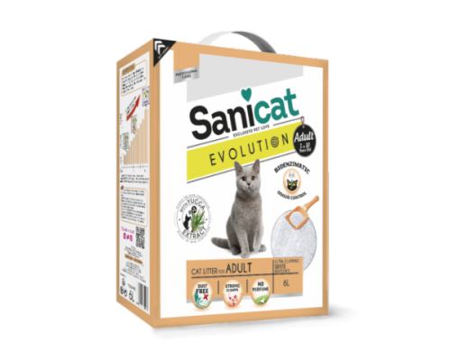 Sanicat Комкующийся наполнитель без аромата для взрослых кошек с экстрактом юкки,  контроль запаха без пыли (Evolution Adult) 6 л