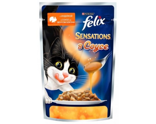 Феликс Sensations Sauce Surprise для кошек кусочки с соусе индейка, бекон (Felix). Вес: 85 г