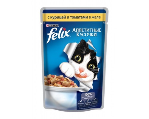 Феликс Аппетитные кусочки для кошек в желе курица, томат (Felix). Вес: 85 г