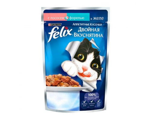Феликс Двойной вкус для кошек кусочки в желе лосось/форель (Felix). Вес: 85 г