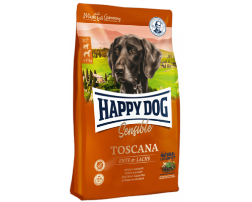 Happy Dog Toscana для взрослых собак весом со сниженными потребностями в энергии, кастрированным, пожилым, собакам с избыточным весом и аллергикам. Утка/Лосось. Вес: 1 кг