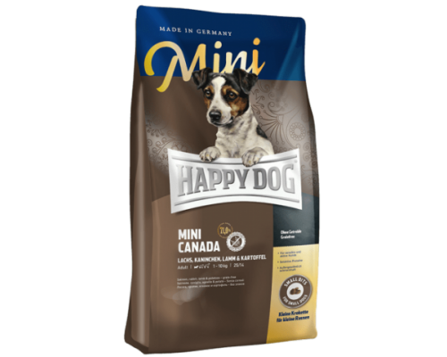 Happy Dog Mini Canada для взрослых собак мелких породс повышенными потребностями в энергии и для чувствительных к корму собак. Лосось/Кролик/Ягненок/Картофель. Вес: 1 кг