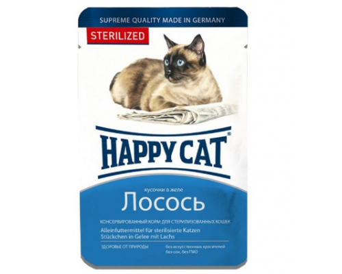 Happy Cat Паучи для стерилизованных кошек /лосось кусочки/ в желе. Вес: 100 г
