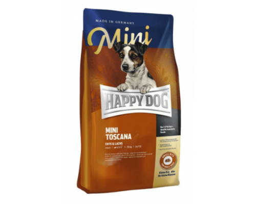 Happy Dog Mini Toscana для взрослых собак мелких пород со сниженными потребностями в энергии, кастрированным, пожилым, собакам с избыточным весом и аллергикам. Утка/Лосось. Вес: 300 г