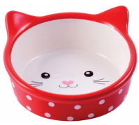 КерамикАрт Миска керамическая для кошек 250мл Мордочка кошки красная в горошек