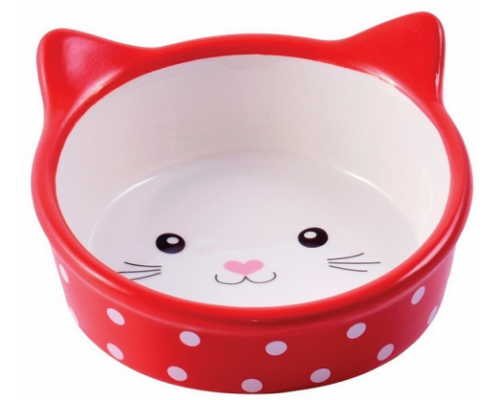 КерамикАрт Миска керамическая для кошек 250мл Мордочка кошки красная в горошек