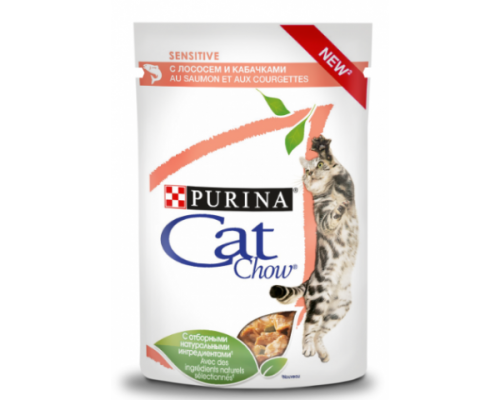 PURINA CAT CHOW пауч для кошек с чувствительным пищеварением Лосось, кабачок (Кэт Чау). Вес: 85 г