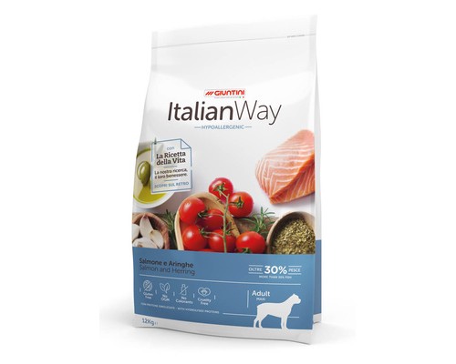 Italian Way Безглютеновый корм для собак крупных пород с чувствительной кожей, лосось и сельдь (ITALIAN WAY MAXI HYPO SALMON/HERRINGS). Вес: 12 кг