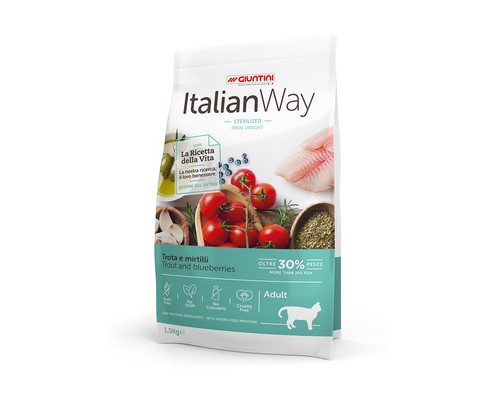 Italian Way Беззерновой корм для кошек со свежей форелью и черникой, контроль веса и профилактика аллергии (ITALIAN WAY IDEAL WEIGHT TROUT/BLUEBERRY). Вес: 400 г
