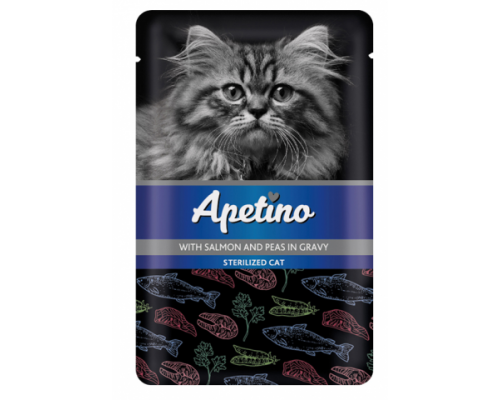 Apetino Корм консервы для стерилизованных кошек Лосось и Горошек в соусе пауч. Вес: 85 г