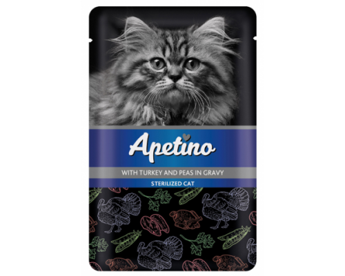 Apetino Корм консервы для стерилизованных кошек Индейка и Горошек в соусе пауч. Вес: 85 г