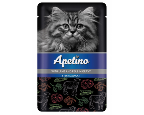 Apetino Корм консервы для стерилизованных кошек Ягненок и Горошек в соусе пауч. Вес: 85 г