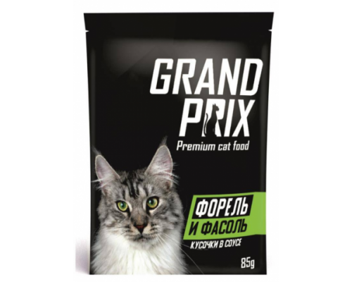 GRAND PRIX консервы для кошек кусочки в соусе Форель и Фасоль (пауч). Вес: 85 г