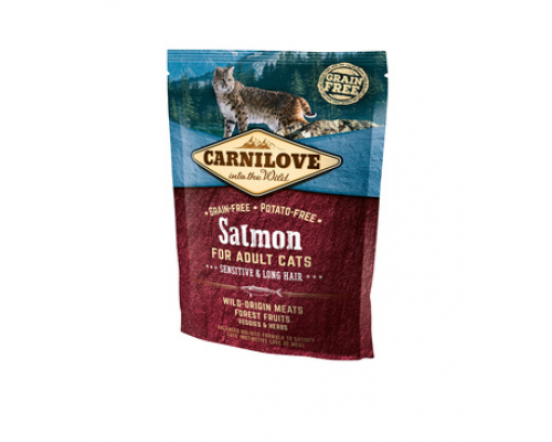 Carnilove Сухой корм для взрослых кошек Salmon for Adult Cats Sensitive & Long Hair с лососем. Вес: 400 г