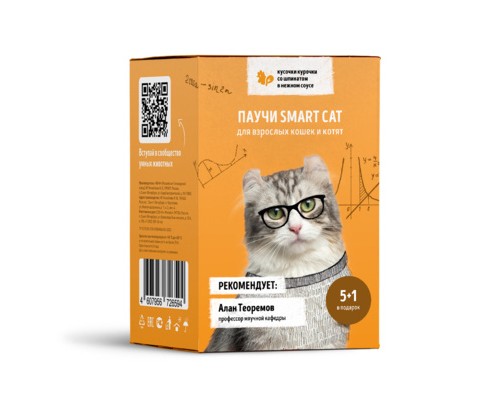Smart Cat Набор паучей 5+1 в подарок для взрослых кошек и котят: кусочки курочки со шпинатом в нежном соусе