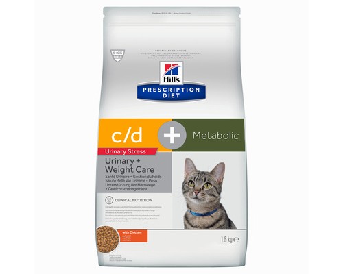 Hills Prescription Diet сухой корм для кошек C/d профилактика МКБ при стрессе + Metabolic. Вес: 1,5 кг