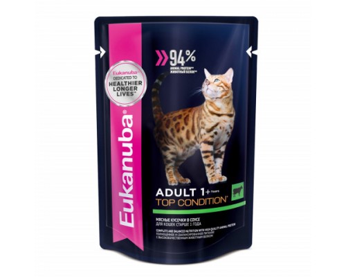 Eukanuba Adult Top Condition влажный рацион с говядиной в соусе для взрослых кошек. Вес: 85 г
