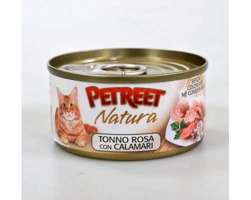 PETREET Pink tuna and Calamari консервы для кошек кусочки розового тунца с кальмарами 70 г